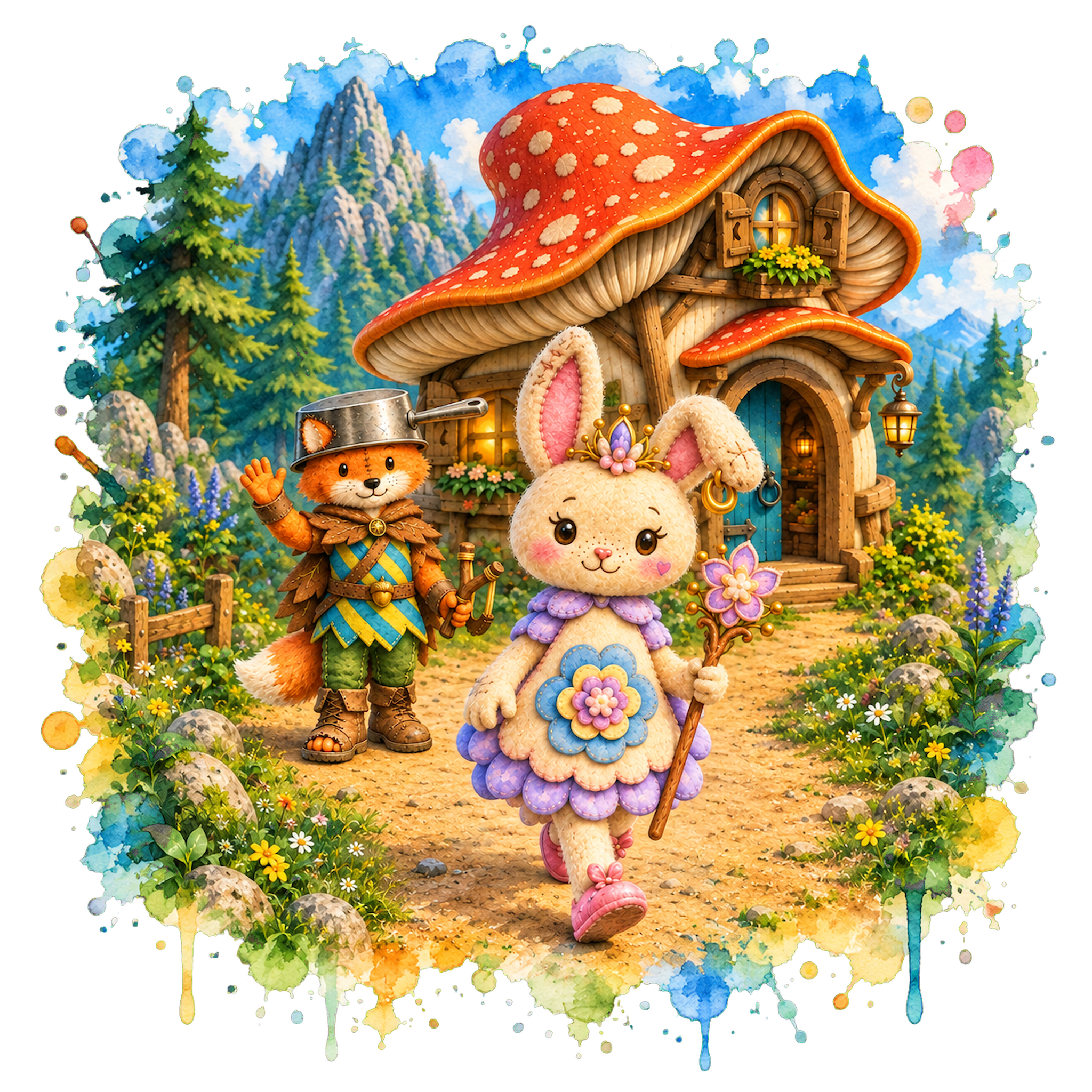 Bella and Pan setting off from their mushroom house in Willow Valley.