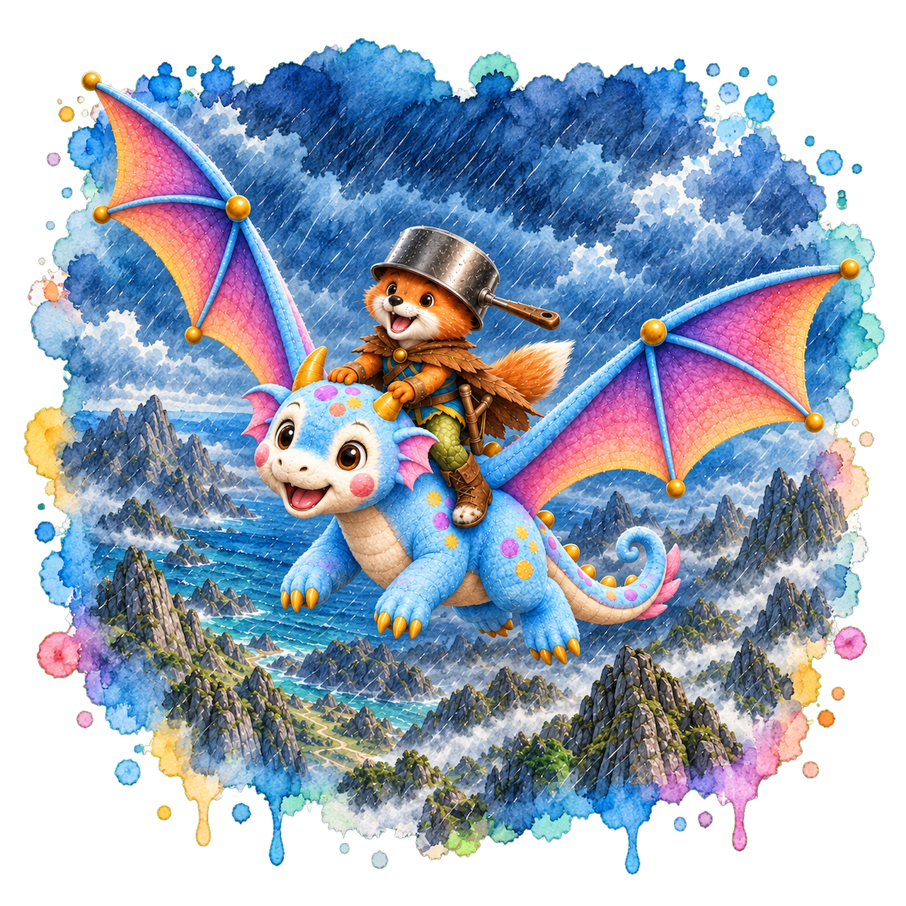 Pan riding Tappy through the rain above Saltwind Coast.
