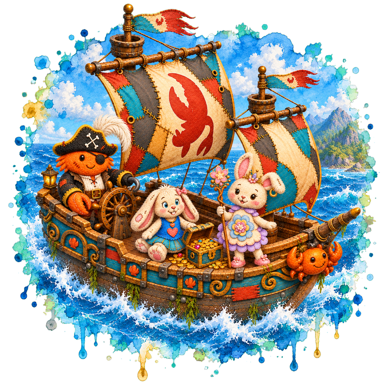 Bella and Bon Bon sailing with Clawz across Goldtide Sea.