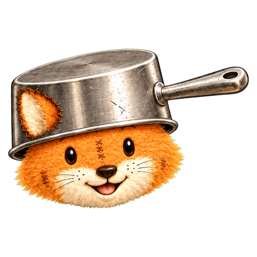 Pan wearing his cooking-pot helmet.